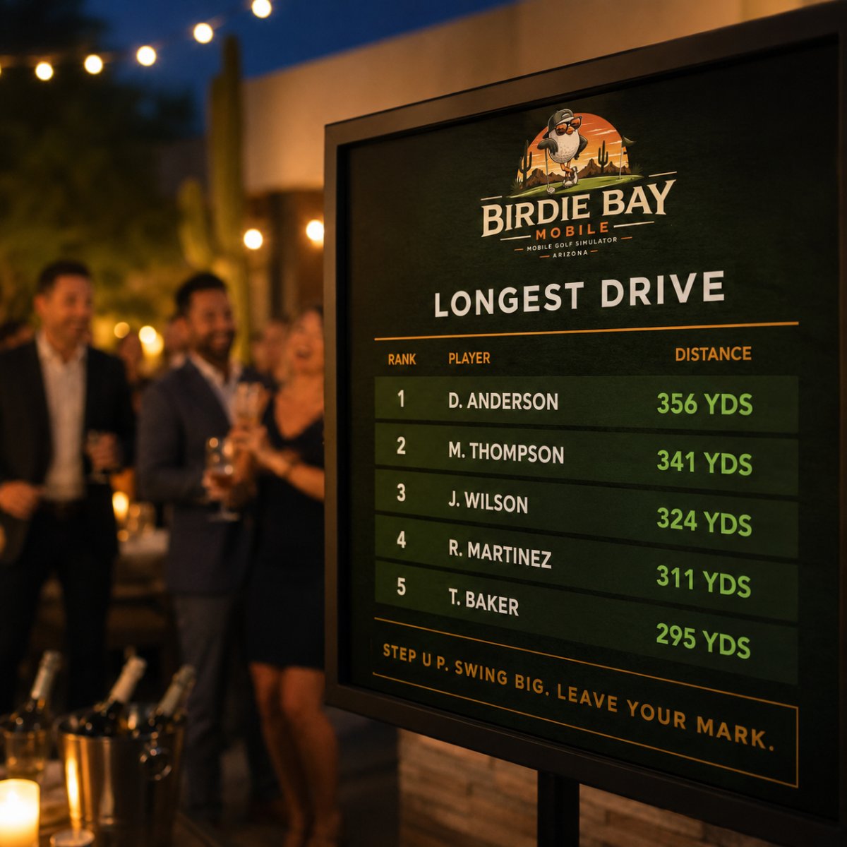 Birdie Bay Mobile live Longest Drive leaderboard with ranked players at a Phoenix Valley corporate event, guests celebrating in the background
